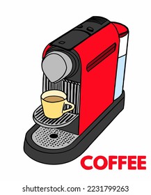 Vector illustration of coffee machine. Cup with cappuccino, americano, espresso, mocha, latte, cocoa. Inscription of coffee. Coffee view for poster, postcards, magazines, advertising.