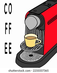 Vector illustration of coffee machine. Cup with cappuccino, americano, espresso, mocha, latte, cocoa. Inscription of coffee. Coffee view for poster, postcards, magazines, advertising.