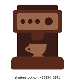 Vector illustration of a coffee machine and a cup in solid cartoon style. Latte, Espresso, Americano, Cappuccino, Flat, Mocha, Irish, Turkish Coffee. Barista equipment