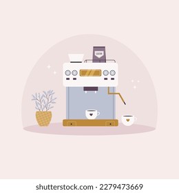 Vector illustration of a coffee machine with cups, flower pot. Front view design, composition in a modern flat style