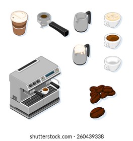 A vector illustration of a coffee machine and equipment needed. Coffee Icon Set. Isometric coffee machine set.