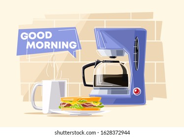 Vector illustration of a coffee machine with a glass of coffee, a sandwich for Breakfast