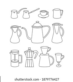 Ilustración vectorial de las cafeteras: Viernes, tazas, prensa francesa, olla de Moka, tocadiscos, jarra de café, picadora, hervidor de café. Línea de arte. Adecuada para cafeterías e ilustración de cómo preparar café.