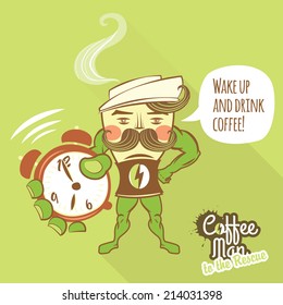 Vector Illustration Coffee man character standing with his hands on the hips and showing ringing clocks