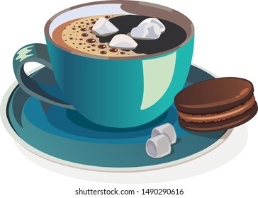vector illustration of coffee with marshmallows and macaroon on a white background
