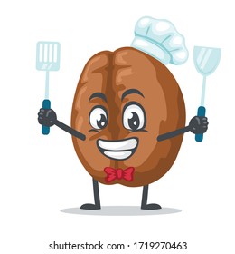 vector illustration of coffee mascot or character wearing chef hat and holding spatula