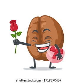 vector illustration of coffee mascot or character give flower and holding pink gift