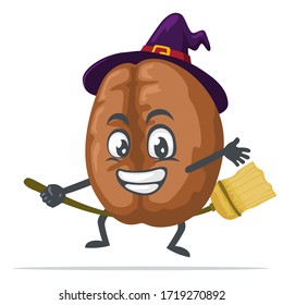 vector illustration of coffee mascot or character wearing witch costume and ride flying broom