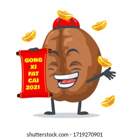 ilustración vectorial de una mascota de café o personaje con desplazamiento rojo y dice feliz año nuevo chino 2021