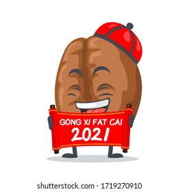 vector illustration of coffee mascot or character holding red scroll and says happy chinese new year 2021