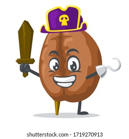 vector illustration of coffee mascot or character wearing pirates costume and holding wooden sword