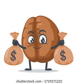 vector illustration of coffee mascot or character holding sacks of money