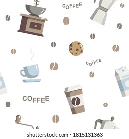 Vector illustration with coffee milk and cookies. Freshly prepared coffee is poured into a paper cup and mug. A carton of milk. Against the background of coffee beans. Nice look. Seamless pattern.

