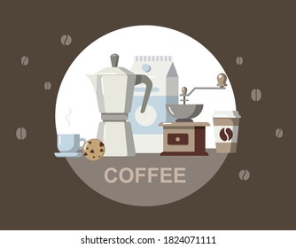 Vector illustration with coffee milk and cookies. Freshly brewed coffee is poured into a paper cup and mug. Hot drink. Pack of milk. Against the background of coffee beans. Nice image.
