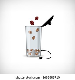 Vector illustration. Coffee mill with coffee beans on vignette background. Coffee grinder icon. Flat style. Element for web design.