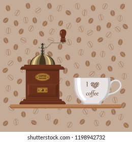 Vector illustration of coffee mill with cup on background of coffee beans