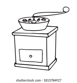 Vector illustration of a coffee mill in doodle style hand drawn in black outline.  For labels, postcards, drinks, advertising design and packaging materials.