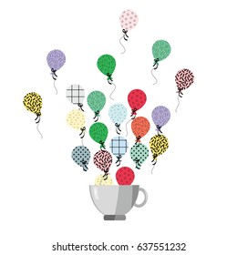 vector illustration of coffee mug with air balloons flying out of cup for inspiration and dreams concepts