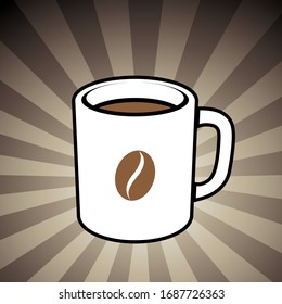 Vector Illustration of Coffee Mug with a Coffee Bean Icon on a Brown Striped Background