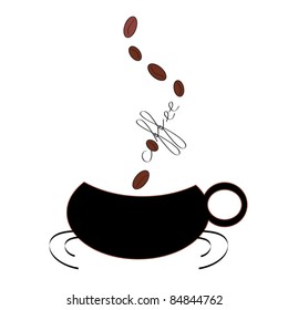 Vector illustration of coffee mug with coffee beans ascending from the word coffee