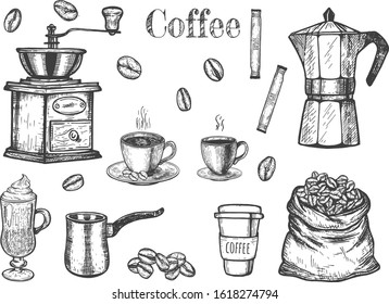 Vector illustration of coffee objects set. Moka pot, hand milling machine, espresso, cappuccino and Americano cup, paper, Turkish coffeemaker, Irish cream, sugar sticks. Vintage hand drawn style