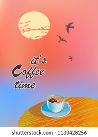 Vector illustration. Coffee on the table in the summer. It's time to drink coffee.