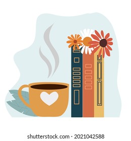 Vector illustration of coffee on top stack books. Conceptual illustration of earnings, distance learning and self-education. World book day.  Reading set with stack of books, glasses. 