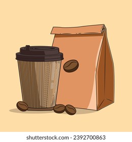 vector illustration of coffee an paper bag coffee bean cartoon