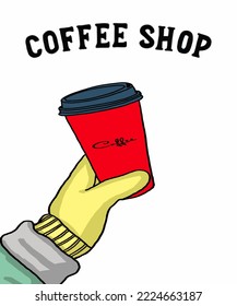 Ilustración vectorial del café. La gente sostiene una taza de café de papel en la mano. Cappuccino, americano, espresso, mocha, latte, cacao. Inscripción del café. Vista al café para afiches, postales, revistas.