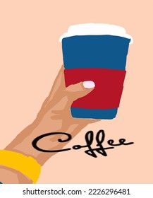 Vector illustration of coffee. People hold paper cup of coffee in hand. Cappuccino, americano, espresso, mocha, latte, cocoa. Inscription of coffee. Coffee view for poster, postcards, magazines.