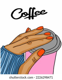 Vector illustration of coffee. People hold paper cup of coffee in hand. Cappuccino, americano, espresso, mocha, latte, cocoa. Inscription of coffee. Coffee view for poster, postcards, magazines.