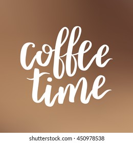 Vector illustration of coffee phrase calligraphy on blurry brown background. White ink hand written quote about coffee.