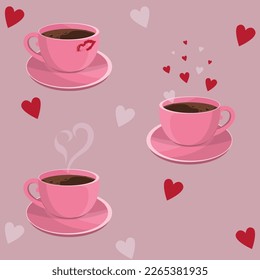 Vector Illustration with Coffee in Pink Cups for Valentine's Day.
