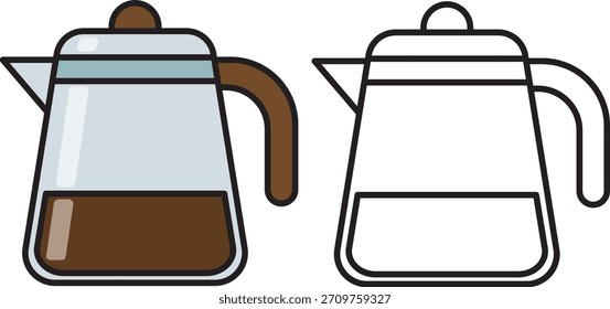 Ilustración vectorial de cafetera en estilos de color y contorno. Ideal para marcas de cafeterías, herramientas de barista, iconos de bebidas, páginas para colorear y proyectos educativos o de comparación de diseño con temas de café.