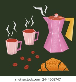 Vector illustration of a coffee pot with a couple of cups of coffee and a croissant on a green background. Art of breakfast, food, drinks.