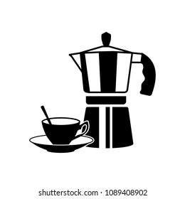 Vector illustration with coffee pot, cup. icon on a flat design style. Image suitable as a logotype for cafe, menu, coffee house, restaurant