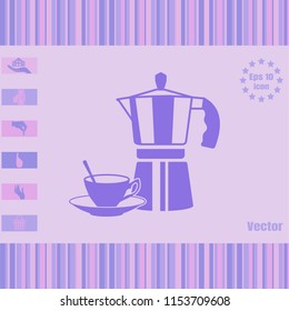 Vector illustration with coffee pot, cup. icon on a flat design style. Image suitable as a logotype for cafe, menu, coffee house, restaurant