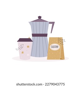 Vector illustration of a coffee pot, cup and coffee bag package. Morning, breakfast concept. Graphic design, flat image