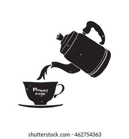 Vector illustration with coffee pot, cup and lettering Morning magic. Design element for  cafe, menu.