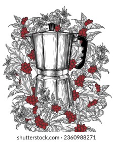 Vector illustration of a coffee pot surrounded by a coffee tree in engraving style