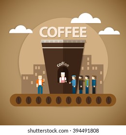 Vector illustration of a coffee seller in a tent in the form of a Cup of coffee