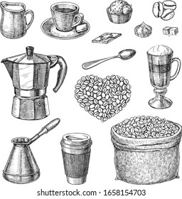 vector illustration coffee set attributes eps 8 ink pen drawing