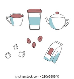 Vector illustration of coffee. A set of coffee drawings of cups, mugs, kettles, cutlery on a white background. Set of icons.