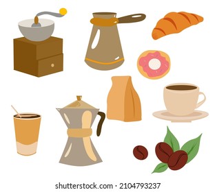 vector illustration of a coffee set, a  set in a flat and cartoon style on a white background, coffee equipment, coffee beans,  food and mugs