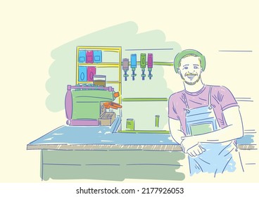 Vector illustration of coffee shop design element with barista standing in front of bar counter, Coffee shop interior and cartoon character in flat style.