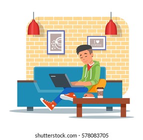 Vector illustration of coffee shop design element with visitor, young man with laptop sitting on sofa. Coffee shop interior and cartoon character in flat style.