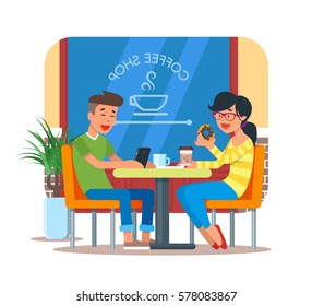 Vector illustration of coffee shop design element with visitors, young couple sitting at table and having breakfast or coffee break. Coffee shop interior and cartoon character in flat style.