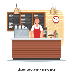 Vector illustration of coffee shop design element with barista standing behind of bar counter, coffee making equipment, utensils, menu. Coffee shop interior and cartoon character in flat style.