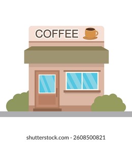 Vector illustration of coffee shop elements on white background. Coffee shop building with windows.