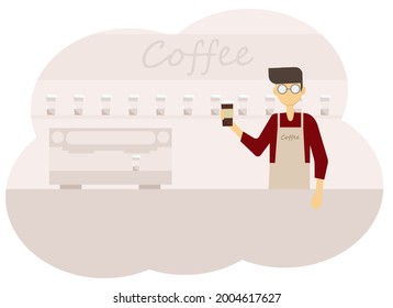 Vector illustration of coffee shop interior and barista men with a cup of coffee